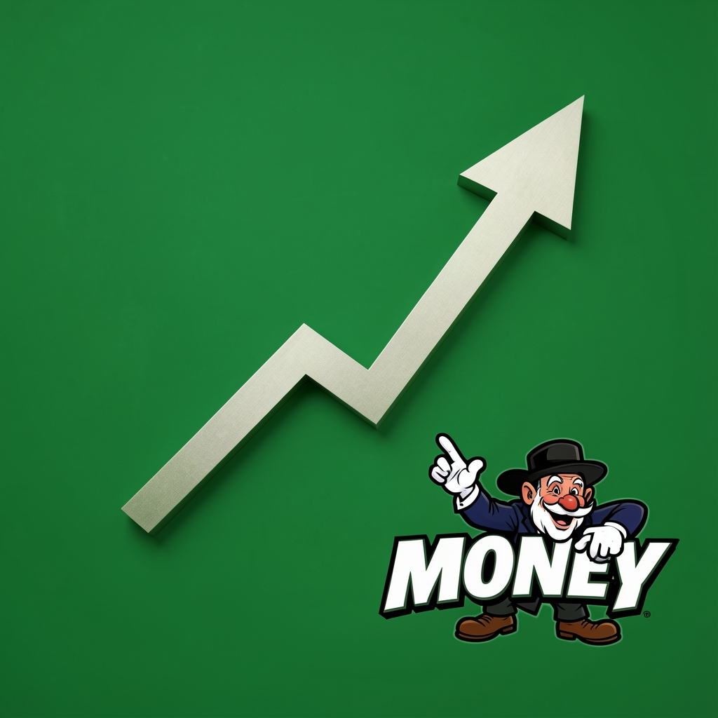Обложка подкаста Motley Fool Money с символом восходящего тренда и логотипом шута на зелёном фоне