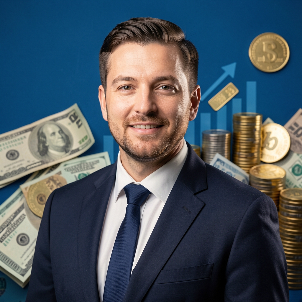 Обложка The Dave Ramsey Show с портретом ведущего на синем фоне с финансовыми символами